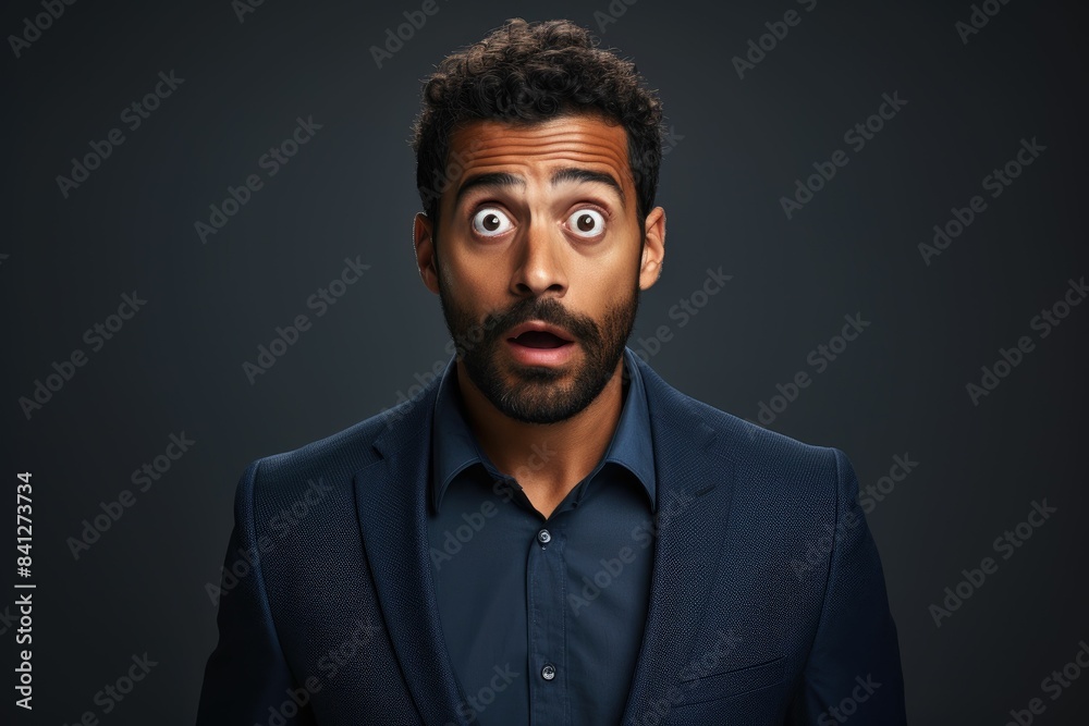 A man wearing a navy blazer and shirt looks surprised against a dark background. A man wearing a navy blazer and shirt looks surprised against a dark background.