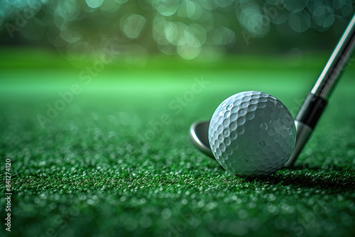 Close-up of a golf ball and club in the practice room. Generated by artificial intelligence photo