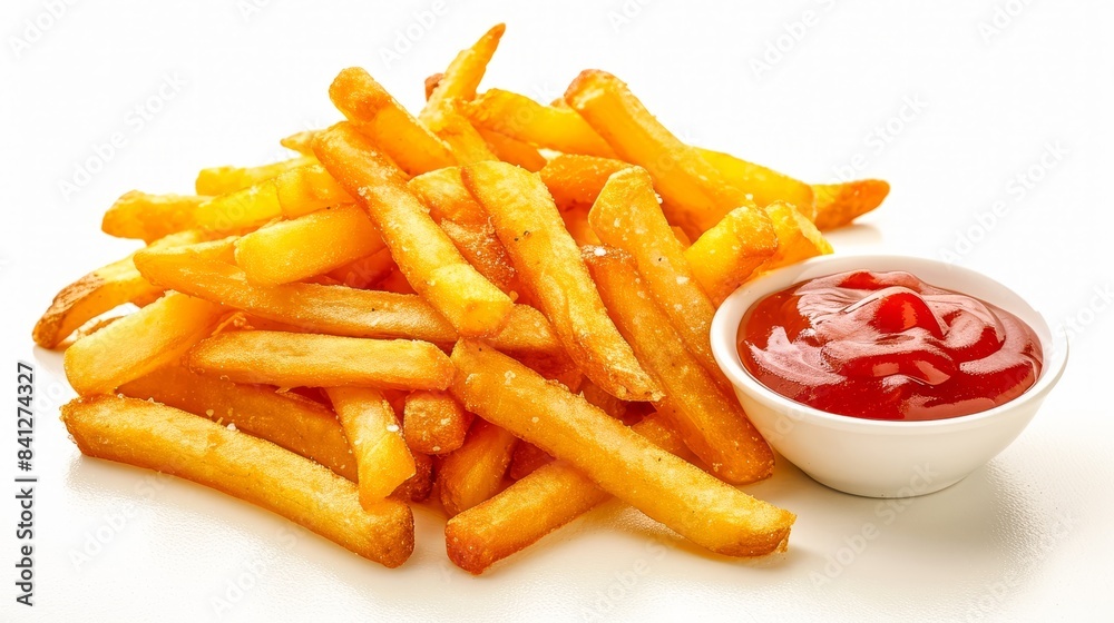 Tasty french fries and ketchup, delicious food.