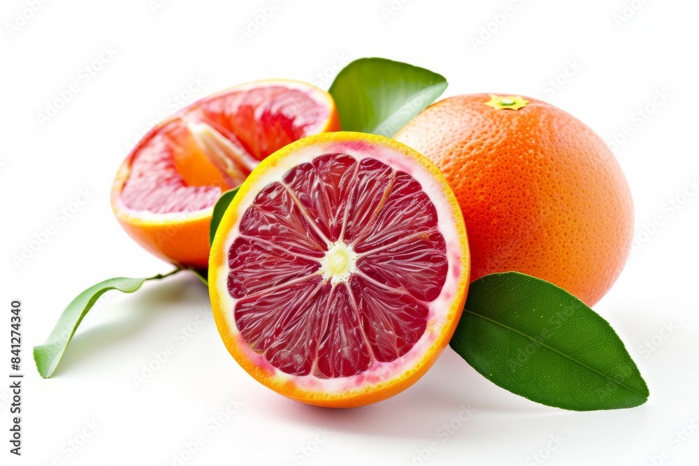 Juicy red orange with leaves isolated on a white background. Juicy red orange with leaves isolated on a white background.