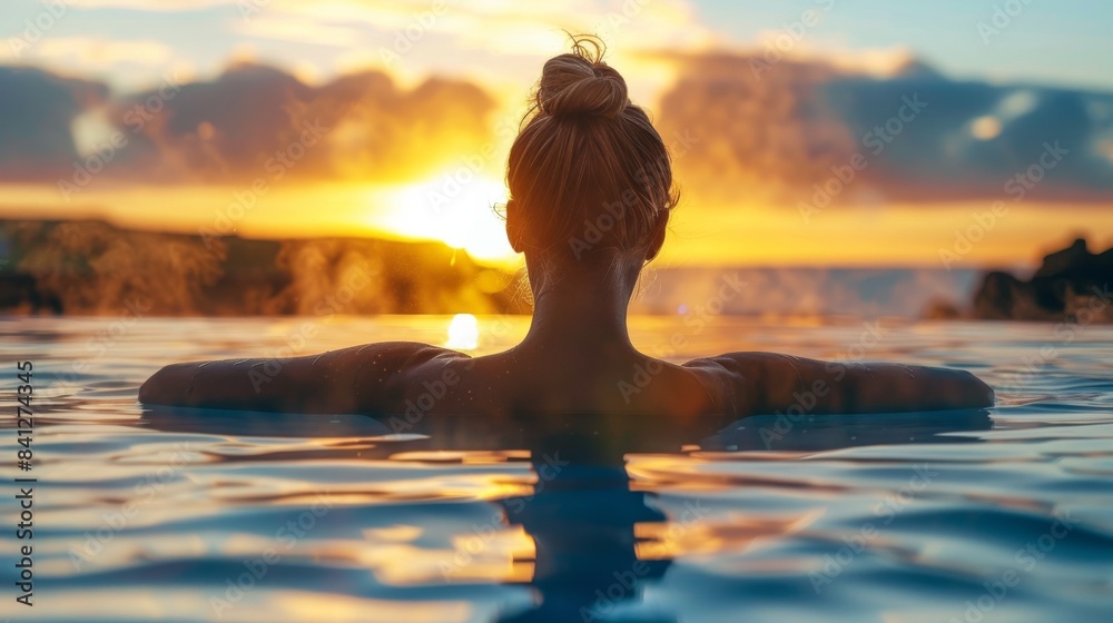 Serene Woman Enjoying a Sunset in an Infinity Pool with Steam Rising Serene Woman Enjoying a Sunset in an Infinity Pool with Steam Rising