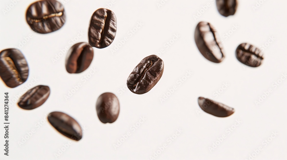 Transport yourself to a realm of sensory delight with this striking image of coffee beans floating gracefully on a white background. Each bean appears weightless, dancing in the air as if caught in a Transport yourself to a realm of sensory delight with this striking image of coffee beans floating gracefully on a white background. Each bean appears weightless, dancing in the air as if caught in a