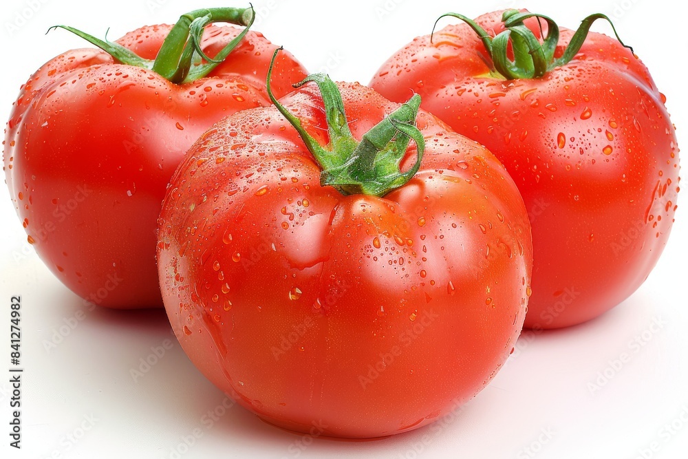 Fresh and ripe tomatoes with vibrant red color and dewdrops, captured in a natural and inviting garden setting Fresh and ripe tomatoes with vibrant red color and dewdrops, captured in a natural and inviting garden setting