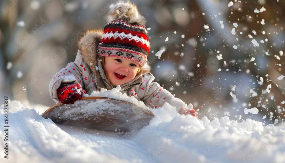 Child enjoying sledding in snowy winter. Child enjoying sledding in snowy winter.
