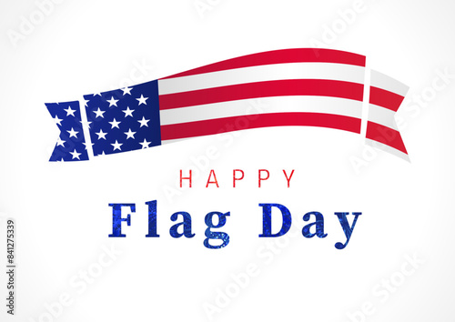 Happy Flag Day social media banner. Postcard concept. Billboard design. Creative shiny text with fireworks inside the clipping mask. US horizontal 3D flag. Greeting card template. Network poster.