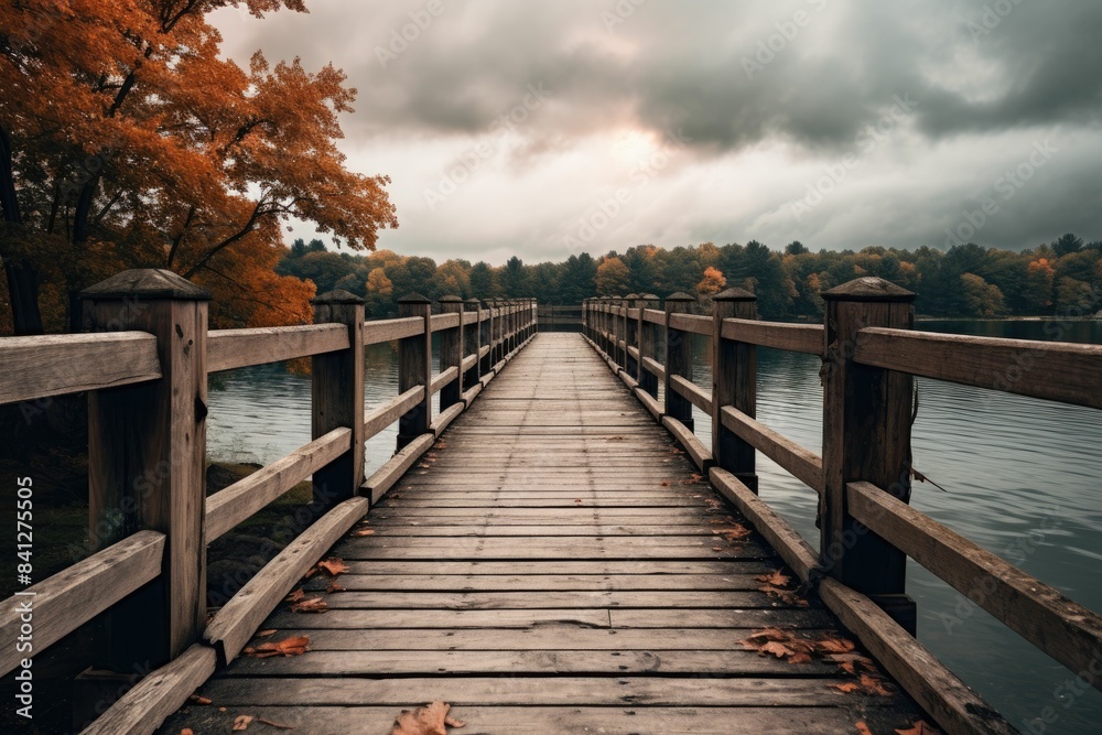 Fototapeta premium A wooden bridge stretches across a serene lake, flanked by vibrant autumn trees under a cloudy sky.