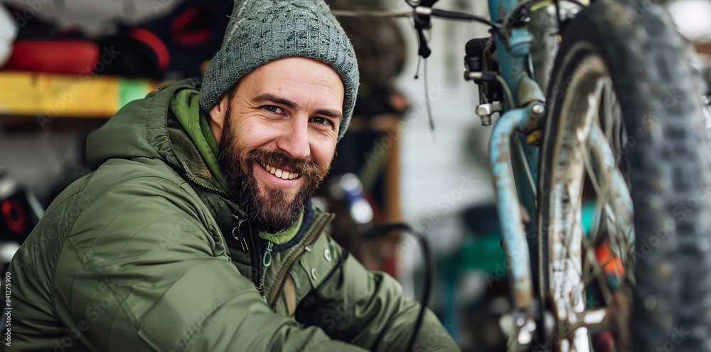 Obraz premium Handsome man in green jacket and gray beanie fixing bike at bicycle repair shop, looking happy to camera. A wide shot of an auto mechanic working on the wheel of his cargo mountain bike with copy spac