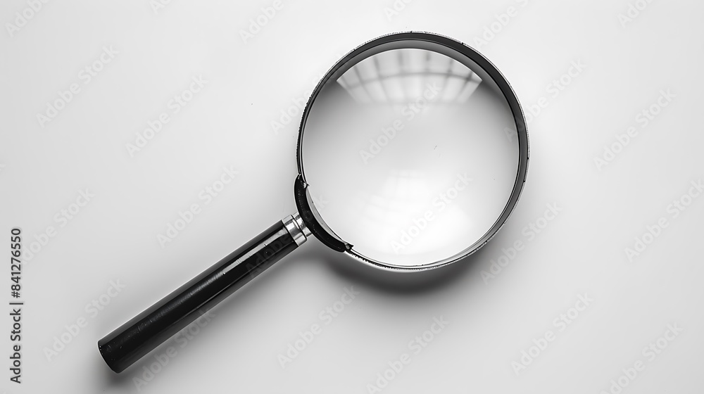 A black magnifying glass with a handle pointing downwards with a solid white background A black magnifying glass with a handle pointing downwards with a solid white background