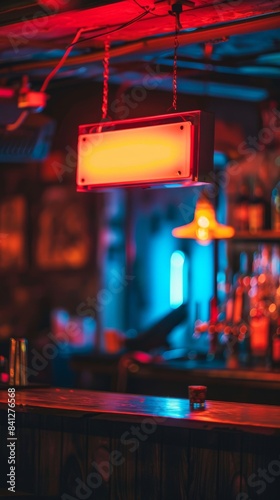 Blank neon sign hanging on bar with glowing lights at night