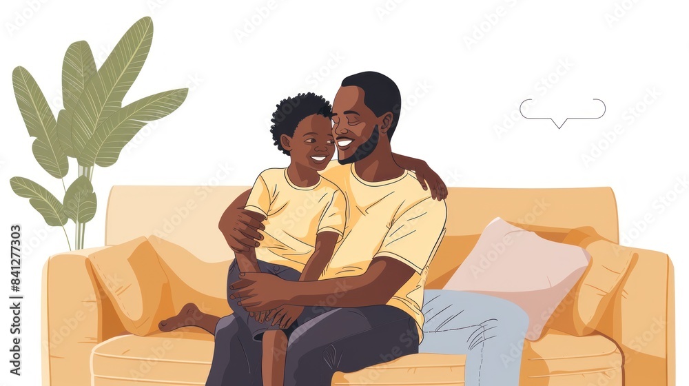 Obraz premium Father and teenage son cuddling on the sofa at home and looking at each other. Vector illustration --