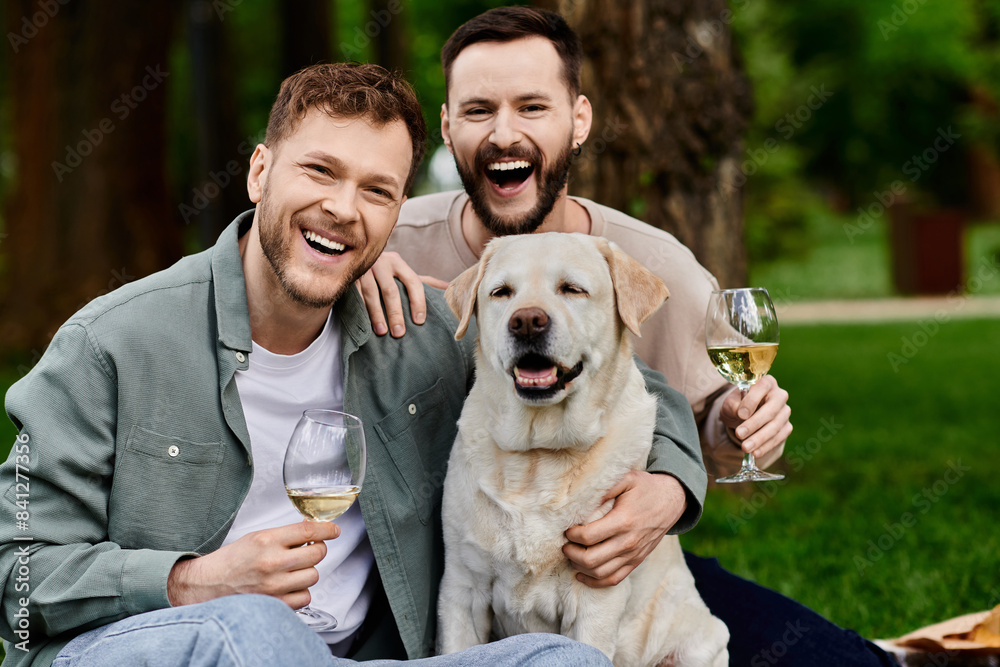 Two bearded men laugh joyfully with their Labrador dog while enjoying a picnic in a green park. Two bearded men laugh joyfully with their Labrador dog while enjoying a picnic in a green park.