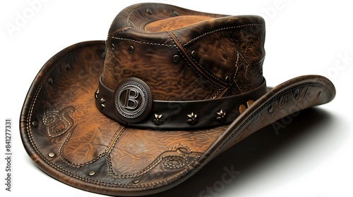 A brown leather cowboy hat with a black band and a circle B emblem on the front 