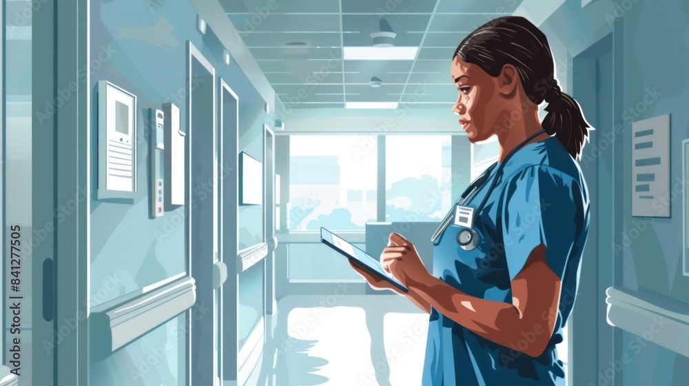 Female doctor wearing a suit examining a patient in a hospital corridor using a digital tablet, vector illustration - Female doctor wearing a suit examining a patient in a hospital corridor using a digital tablet, vector illustration -
