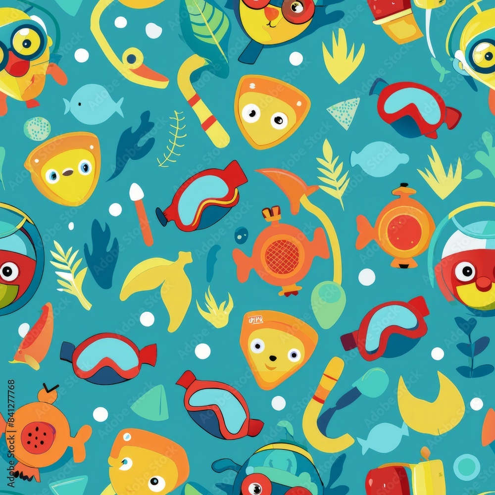 Seamless pattern of small snorkels and diving masks with simple details, Generative AI