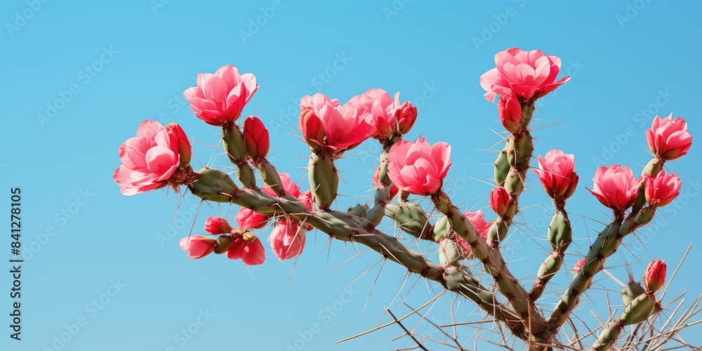 Colorful blooming cactus against a clear blue sky. Colorful blooming cactus against a clear blue sky.