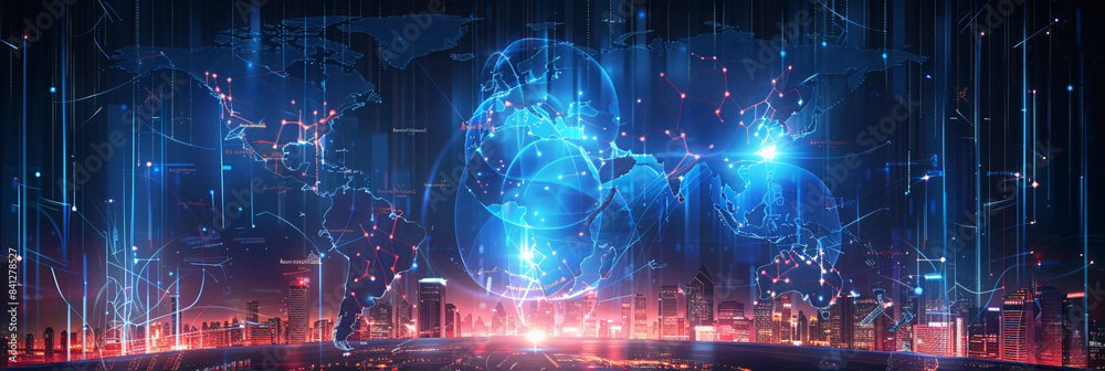 Global digital network concept with glowing cityscape background. Cyber security