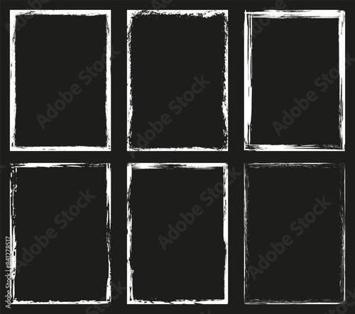 Collection of rectangular frames. Ink brush strokes mess. Set of blank borders on black background. Vector illustration.