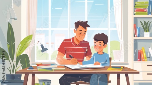 Smiling father hugs teenage son while he does his homework