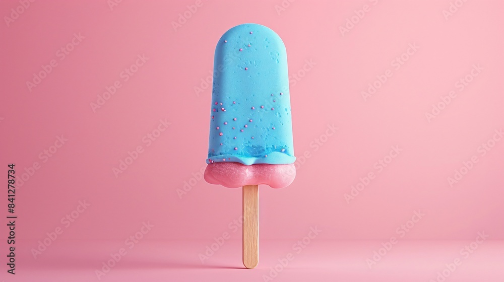 Colorful blue and pink ice cream popsicle on a wooden stick against a pastel pink background. Summertime sweet treat. Minimalist design. 3D Illustration. Colorful blue and pink ice cream popsicle on a wooden stick against a pastel pink background. Summertime sweet treat. Minimalist design. 3D Illustration.