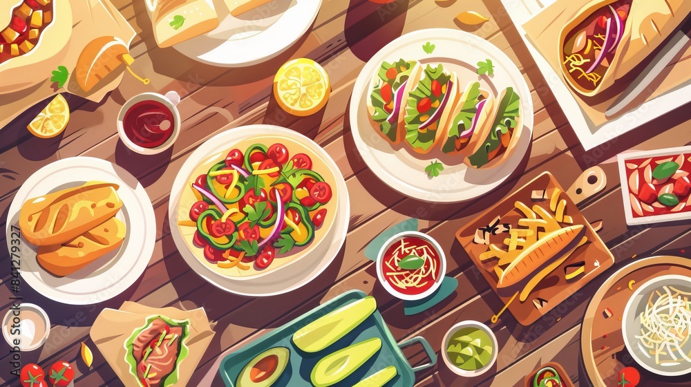 street food flat design top view vibrant cartoon drawing colored pastel street food flat design top view vibrant cartoon drawing colored pastel