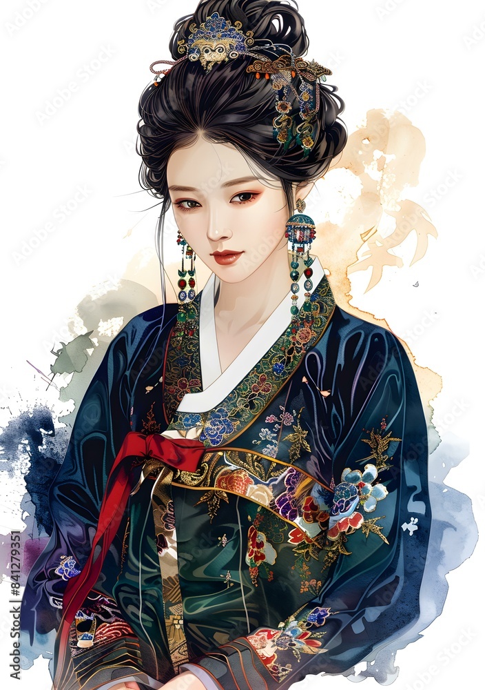 A beautiful illustration of a Korean woman in traditional dress A beautiful illustration of a Korean woman in traditional dress