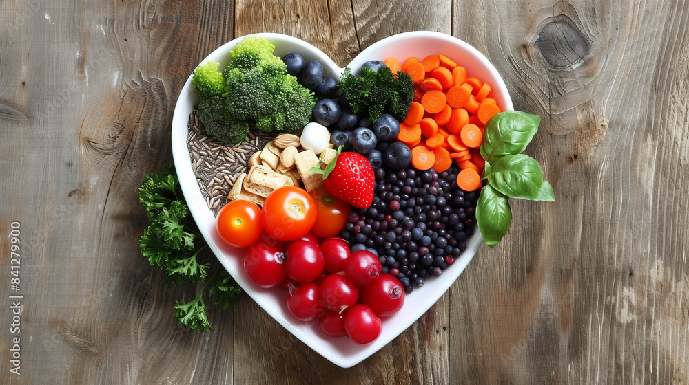 A heart-shaped bowl filled with colorful, fresh foods such as fruits, vegetables and whole grains. This energetic composition is a tribute to a healthy lifestyle. A heart-shaped bowl filled with colorful, fresh foods such as fruits, vegetables and whole grains. This energetic composition is a tribute to a healthy lifestyle.