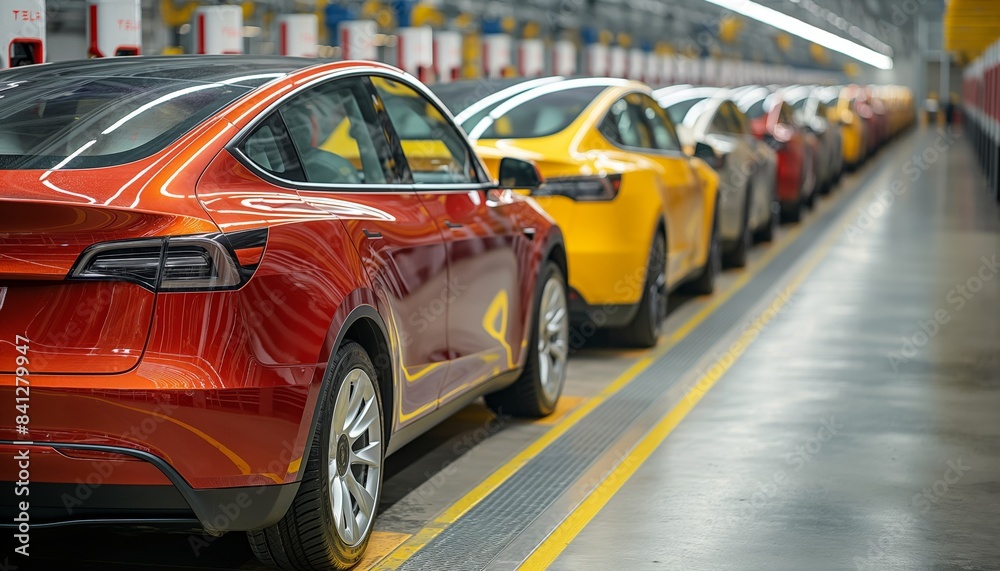Red electric cars lined up in an assembly Red electric cars lined up in an assembly