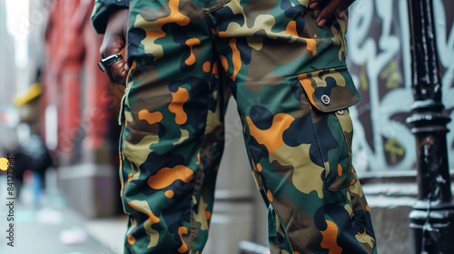 Trousers with a fashionable camouflage pattern stand out on the street sidewalks, attracting the attention of passers-by. © Sawyer0