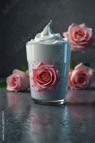 a yogurt cup, next to roses, reflected on the gray floor, enhancing visual depth