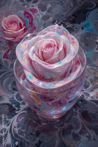 a yogurt cup, next to roses, reflected on the gray floor, enhancing visual depth