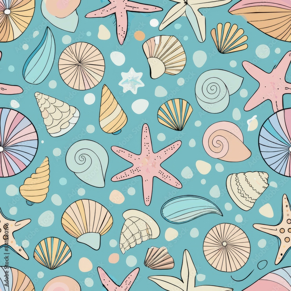 Fototapeta premium Seamless pattern of tiny seashells and starfish with soft outlines, Generative AI