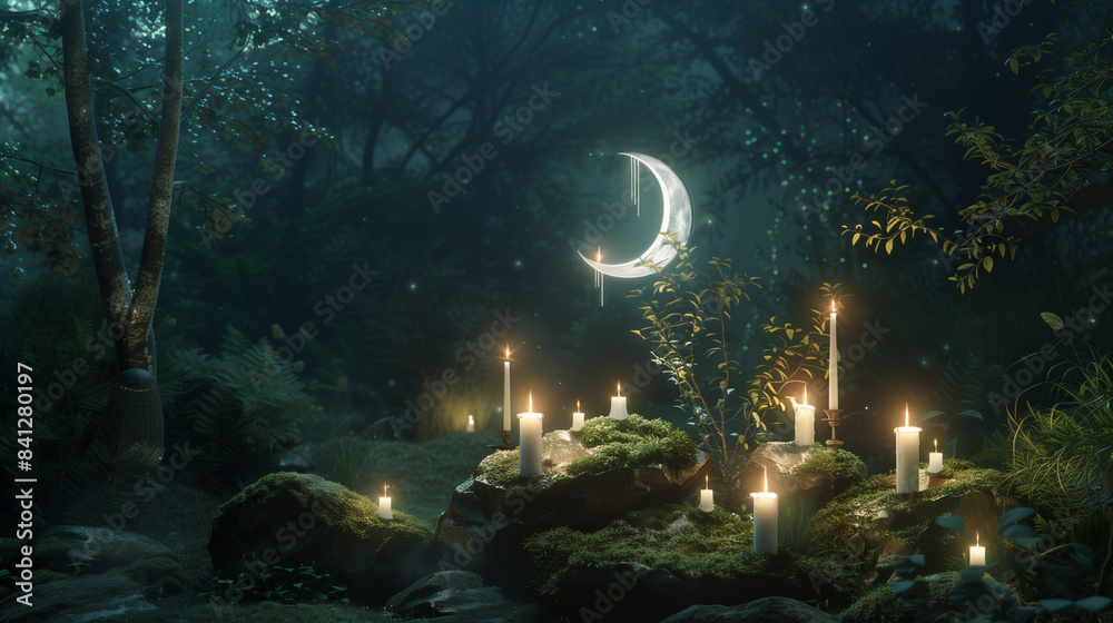 In a dense forest surrounded by darkness, the breathtaking image shows candles flickering among the thick branches and dark trees.