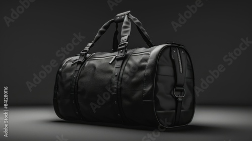 A luxurious black leather duffle bag with elegant straps and buckles, set against a dark background. photo