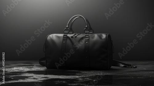 A stylish black duffel bag with metal accents. Elegant design and sophisticated look, shot in a minimalistic and dark background.