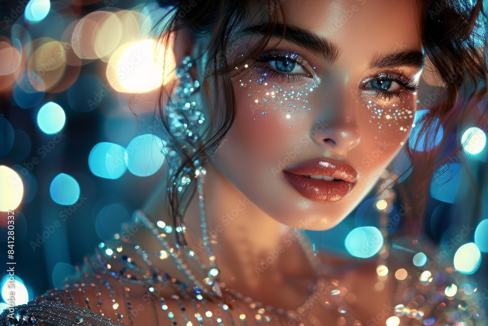 Illustrate the epitome of glamour with a close-up shot of a model adorned in glittering jewels and a sleek evening dress, exuding confidence and allure under the glow of city lights.