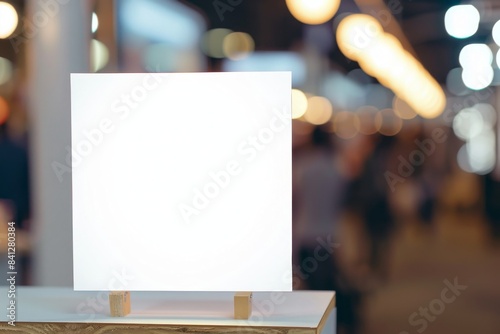 Blank White Foam Board Sign Display on Wooden Table Top photo