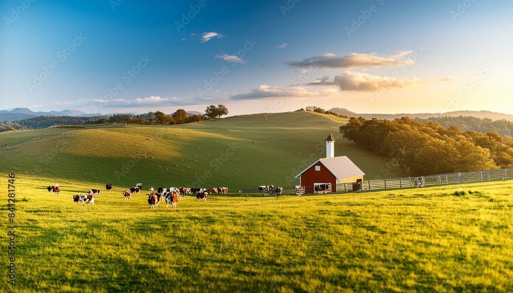 A peaceful countryside farm with rolling fields and a traditional red barn A peaceful countryside farm with rolling fields and a traditional red barn