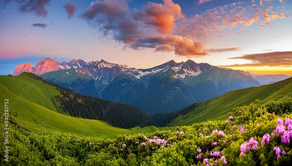 Obraz premium A picturesque mountain landscape at sunset.
