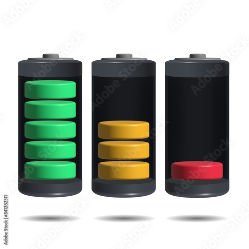 
Battery power with 3 types of power, low power, half charged, and full power.
3D Render Illustration