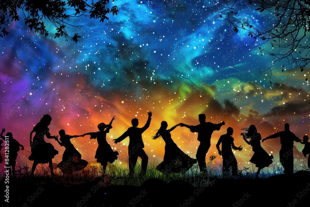 Silhouettes of Diverse People Dancing: A dynamic image of silhouettes of people from different cultures dancing together under a colorful night sky Silhouettes of Diverse People Dancing: A dynamic image of silhouettes of people from different cultures dancing together under a colorful night sky