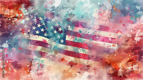 Artistic depiction of an American flag in a watercolor style with soft edges and vibrant colors