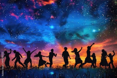 Silhouettes of Diverse People Dancing: A dynamic image of silhouettes of people from different cultures dancing together under a colorful night sky © CHAWA GEN