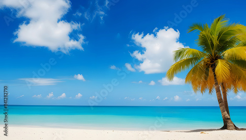 Fototapeta Naklejka Na Ścianę i Meble -  Beautiful tropical sea beach with palm tree and  blue sky background. Generative Ai
