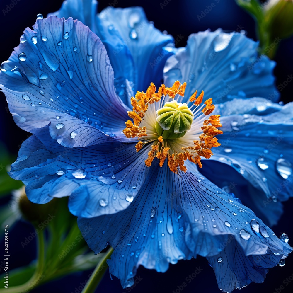 Obraz premium the rare and striking deep blue petals of a Himalayan poppy with its delicate crinkled texture.