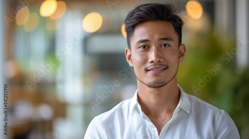 Portrait of male Filipino handsome business leader, modern bright office boardroom, professional atmosphere, leadership, diverse workplace, corporate setting.