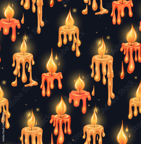 Vector holiday pattern with flowing paraffin candles with fire on a dark background. Texture with paraffin light candle wax tops. Aromatherapy and spa. Background for wrapping paper.