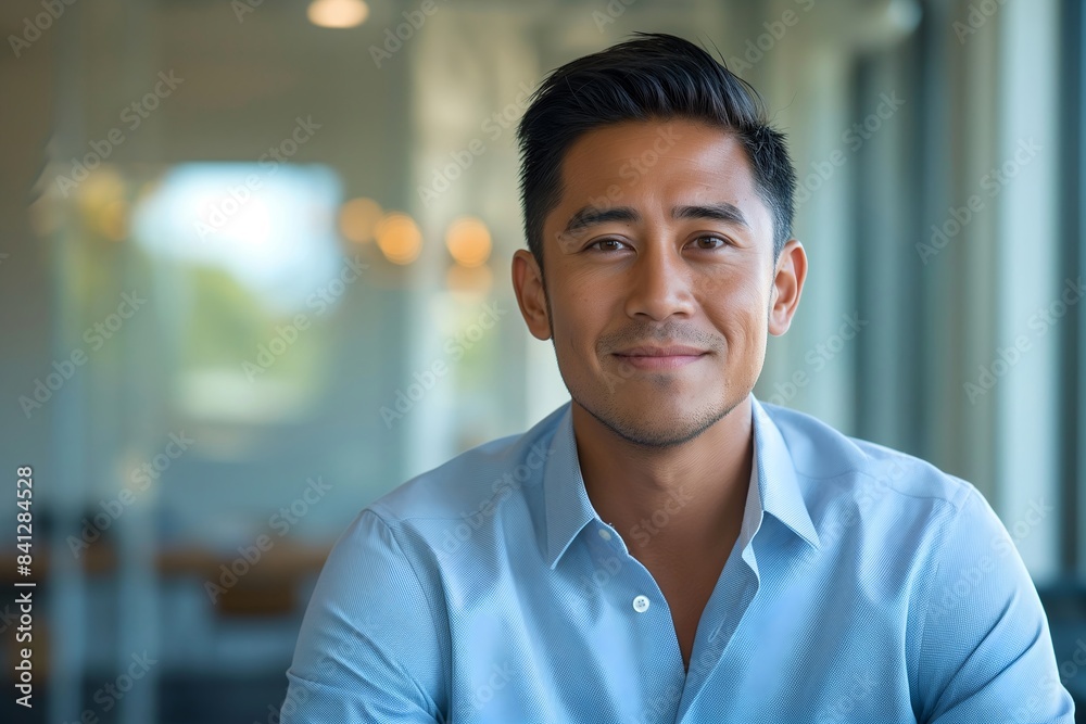 Portrait of male Filipino handsome business leader, modern bright office boardroom, professional atmosphere, leadership, diverse workplace, corporate setting.