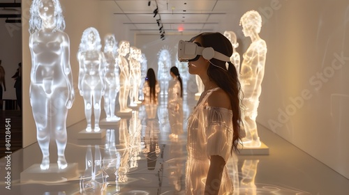 Obraz na płótnie Futuristic augmented reality technology background, cutting-edge art exhibition using artificial intelligence headset. Gallery with holographic 3d digital art, virtual museum tour entertainment.