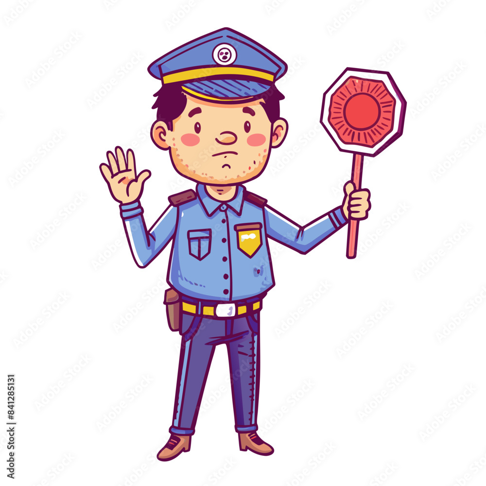 Young police officer holding stop sign full standing man y detail with precision. Young police officer holding stop sign full standing man y detail with precision.