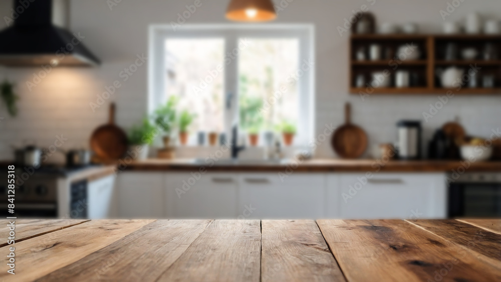 Empty wooden table and blurred bokeh modern kitchen interior background Empty wooden table and blurred bokeh modern kitchen interior background